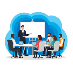 Business team meeting with presenter in front of a blank board