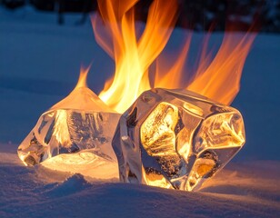 Ice blocks burn with flames in a snowy landscape at dusk.
