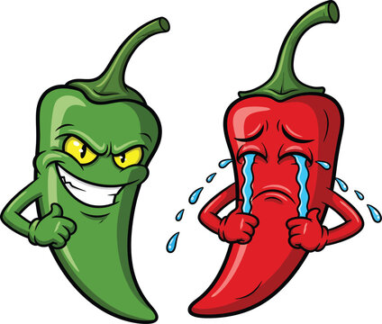 An evil green chili pepper with a grin and a sad crying red chili pepper cartoon illustration.