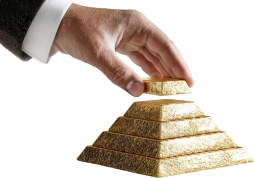 Hand placing gold bar on top of a pyramid of gold bars