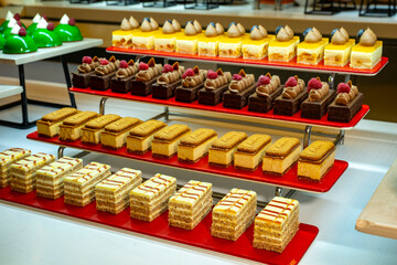 Karisik Turk tatlilari. New dessert varieties at the  luxury hotel open buffet. Milk-based desserts,  Turkish Dessert Sobiyet, havuc dilimi, midye baklava, mussels baklava and classic baklava. 