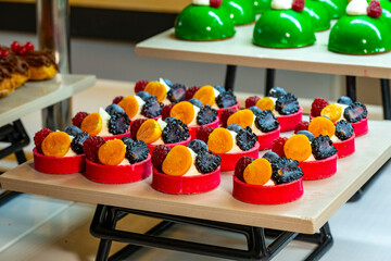 Karisik Turk tatlilari. New dessert varieties at the  luxury hotel open buffet. Milk-based desserts,  Turkish Dessert Sobiyet, havuc dilimi, midye baklava, mussels baklava and classic baklava. 