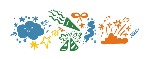 Doodle drawing of party celebration with firework and firecracker burst. Flat graphic illustration of star, confetti, cartoon element, cute cloud. Hand drawn element with yellow color, ribbon, and bow