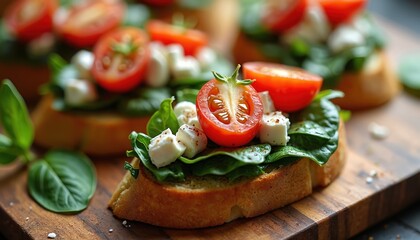 Fresh spinach feta bruschetta with cherry tomatoes. Crusty bread topped with cheese olives and herbs. Appetizer is served on wooden board. Healthy Mediterranean snack.