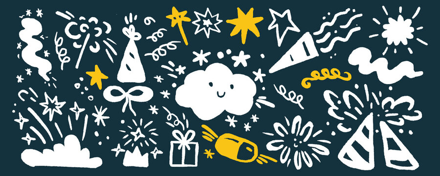 Naklejki Doodle sketch of party celebration on grunge background. Drawn graphic illustration of firework, firecracker, star, confetti, gift. Hand-drawn element for kids birthday. Yellow and white color design