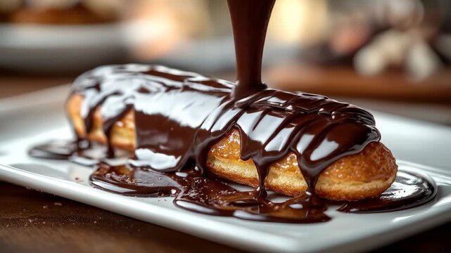 Chocolate sauce pours over a golden eclair on a white plate