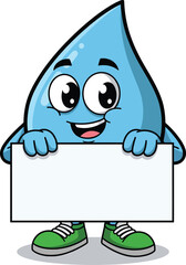 Cheerful blue water drop mascot with big eyes and green sneakers holding a blank rectangular sign.
