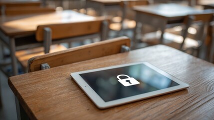 Digital Tablet with Lock Icon on Desk in Empty Classroom, Symbolizing Security and Privacy in Education Technology, Modern Learning Environment