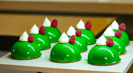 Karisik Turk tatlilari. New dessert varieties at the  luxury hotel open buffet. Milk-based desserts,  Turkish Dessert Sobiyet, havuc dilimi, midye baklava, mussels baklava and classic baklava. 