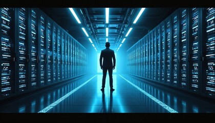 Man in suit stands in dark server room with glowing blue lights. Rows of computer servers stretch into distance. Futuristic data center interior.