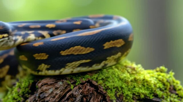 Coiled python rests on mossy log, blending into the green bokeh forest