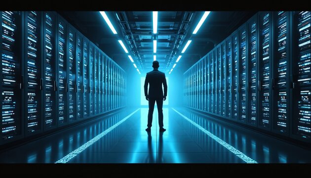 Man in suit stands in dark server room with glowing blue lights. Rows of computer servers stretch into distance. Futuristic data center interior.