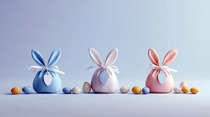 Three pastel-colored Easter bunny gift bags, adorned with ribbons and tags, are arranged with decorative eggs against a soft blue backdrop.