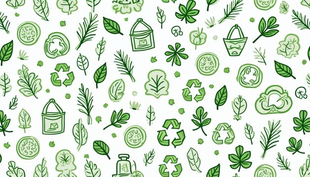 Green line art pattern shows nature elements and recycling symbols. Includes leaves plants and fruit slices. Eco friendly design repeat background for green business.