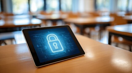 Digital security concept with tablet showcasing padlock symbol on wooden table in modern classroom background with empty desks and natural light