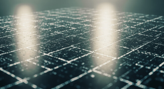 Abstract grid, suggesting vast data networks with digital information, reflecting technological advancements and digital connectivity.