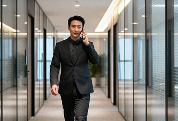 asian business man in formal suit on cellphone in bright corporate corridor