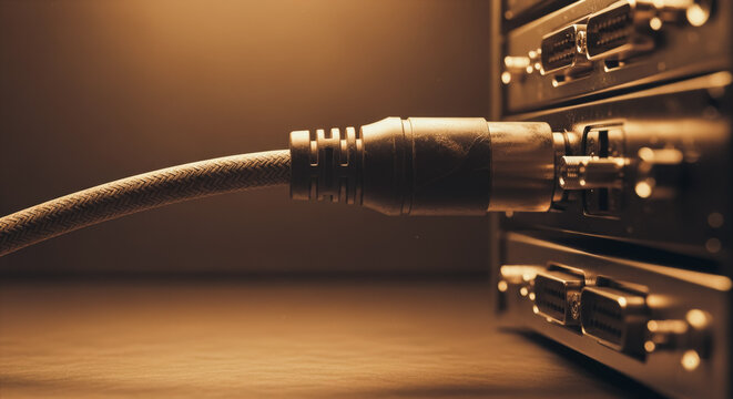 Close-up of a digital cable connecting a device, emphasizing connectivity and technology.