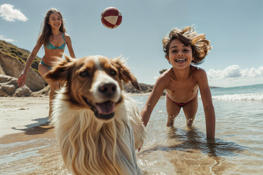 Ni&ntilde;os jugando con perro en la playa