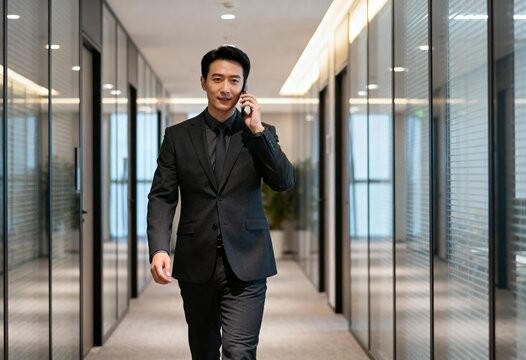 asian business man in formal suit on cellphone in bright corporate corridor