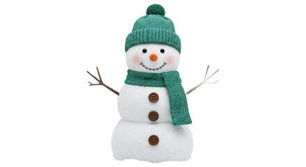 Festive snowman decoration with green hat and scarf isolated on transparent background