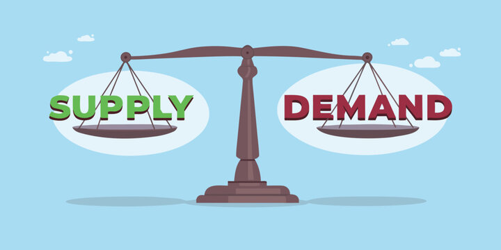 Supply and demand balance on scales economic concept illustration