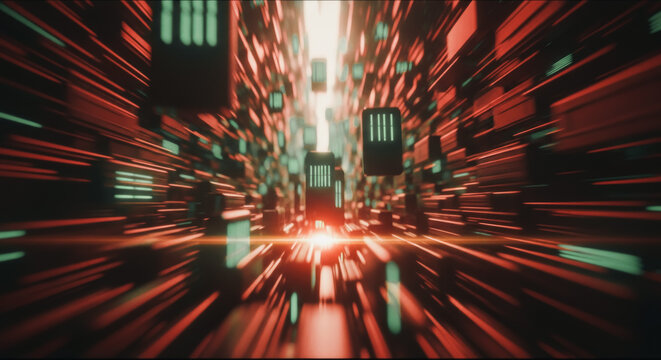 An evocative, abstract, and futuristic depiction of a digital cityscape. A tunnel of light guides the eye toward a vibrant, glowing center, surrounded by complex layers of data and information.