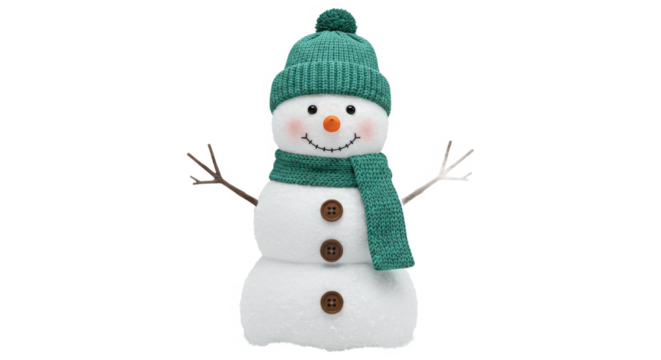 Festive snowman decoration with green hat and scarf isolated on transparent background