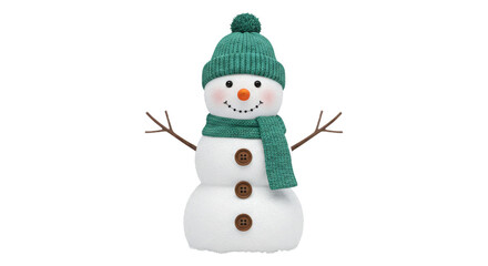 Cute knitted snowman figure wearing a green hat and scarf isolated on transparent background