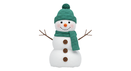 Cute knitted snowman figure wearing a green hat and scarf isolated on transparent background