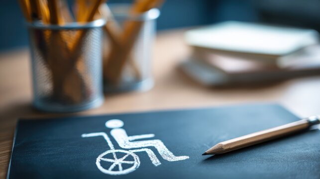 Illustration of Accessible Symbol on Blackboard Representing Disability Awareness with Pencil and Stationery in the Background - Powered by Adobe