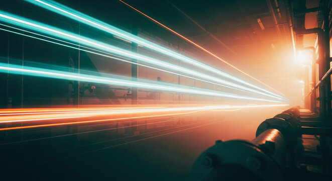 Abstract streams of light streak through an industrial corridor, creating a visually dynamic composition with a sense of forward motion and energy, evoking technology and futurism.