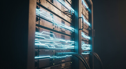 A high-tech server rack, with its glowing circuits, forms a complex network, symbolizing the digital world and cutting-edge technology.