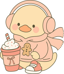 Duckling in earmuffs and a sweater featuring a gingerbread man, holding a whipped cream drink.