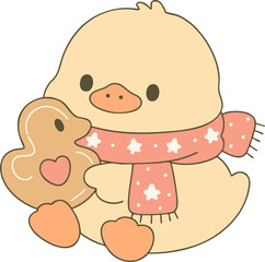 Duckling wearing a star-patterned scarf, holding and hugging a large duck-shaped gingerbread cookie.