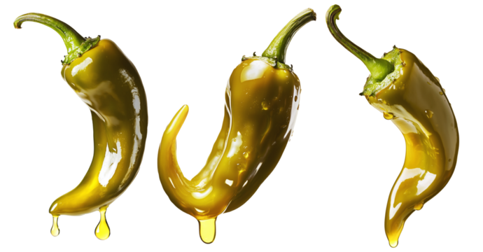 Closeup of green chili pepper coated in oil with droplets dripping from its tip isolated on transparent background. Concept of spicy and oily food fusion