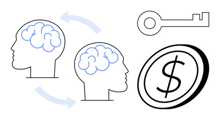 Two outlined heads with illustrated brain exchange ideas via arrows, symbolizing knowledge sharing, leading to a key and dollar coin. Ideal for teamwork, innovation, success, education, strategy