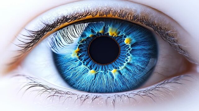 Extreme close-up view of a human eye with blue iris and dark lashes