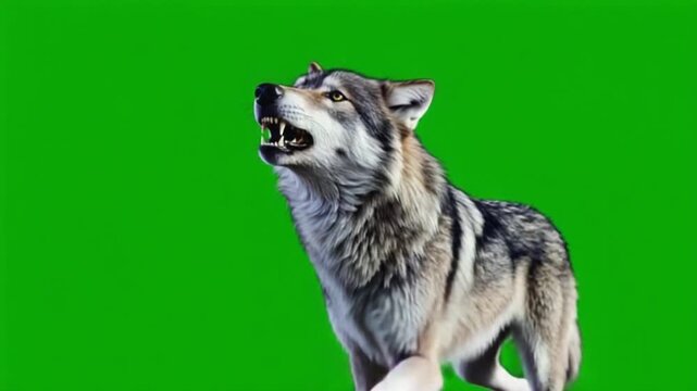 A wolf with grey and white fur howling with its mouth open on a bright green screen background green screen wolf video