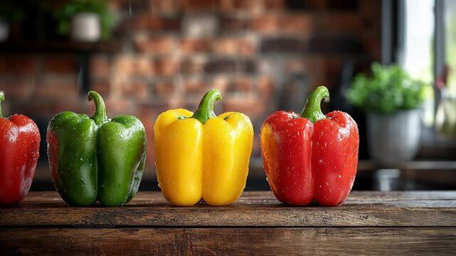 Four colorful, wet bell peppers lined up on a rustic wood surface