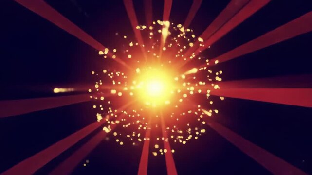 Abstract golden sphere radiating red rays on a dark background. Features sparkling lights and a glowing center, creating a dynamic visual effect in animation.