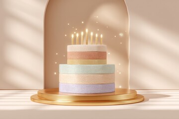 Graphic drawing birthday cake with soft colours candles and celebration festive party design