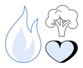 Flame with blue gradient, tree outline, and rounded heart shape. Ideal for sustainability, nature, passion, love, eco-friendliness environmental care energy. Simple flat metaphor