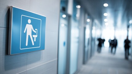 Blue restroom sign indicating men's bathroom, modern interior corridor with blurred people walking in the background, clean and professional environment