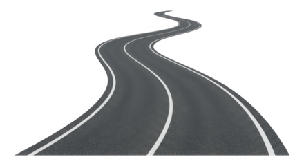 Curving asphalt road with white lane markings isolated on transparent background