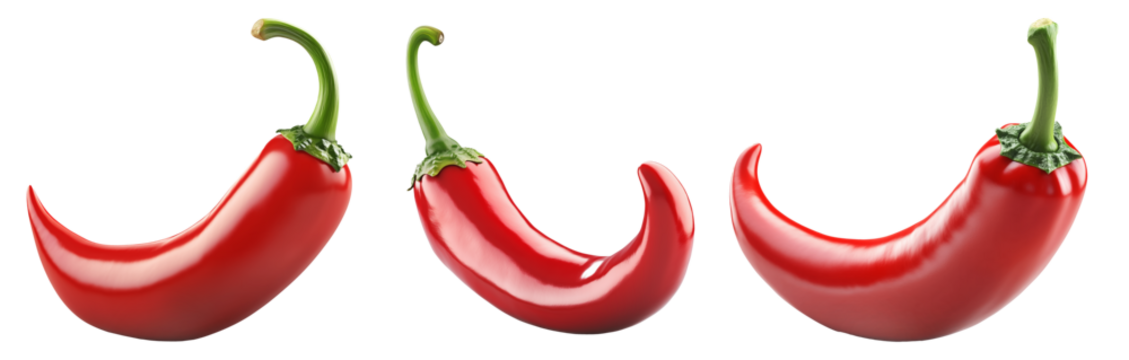 Glossy red chili pepper with a curved shape and green stem isolated on transparent background. Concept of spicy food, cooking, and hot flavor