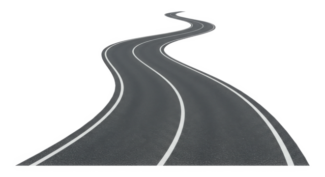 Curving asphalt road with white lane markings isolated on transparent background