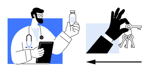 Healthcare concept. Healthcare professional examines medicine bottle, highlighting medical services and innovation. Symbolic key handover s access, security, and trust in healthcare. Great