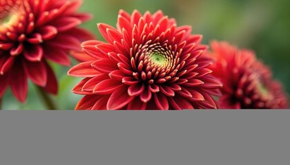 Close up photo of vibrant red Chrysanthemum blooms in garden. Flowers have many petals. Floral beauty scene with green background. Perfect for nature floral background or greeting card.