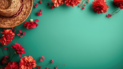 A straw hat surrounded by vibrant red flowers on green background